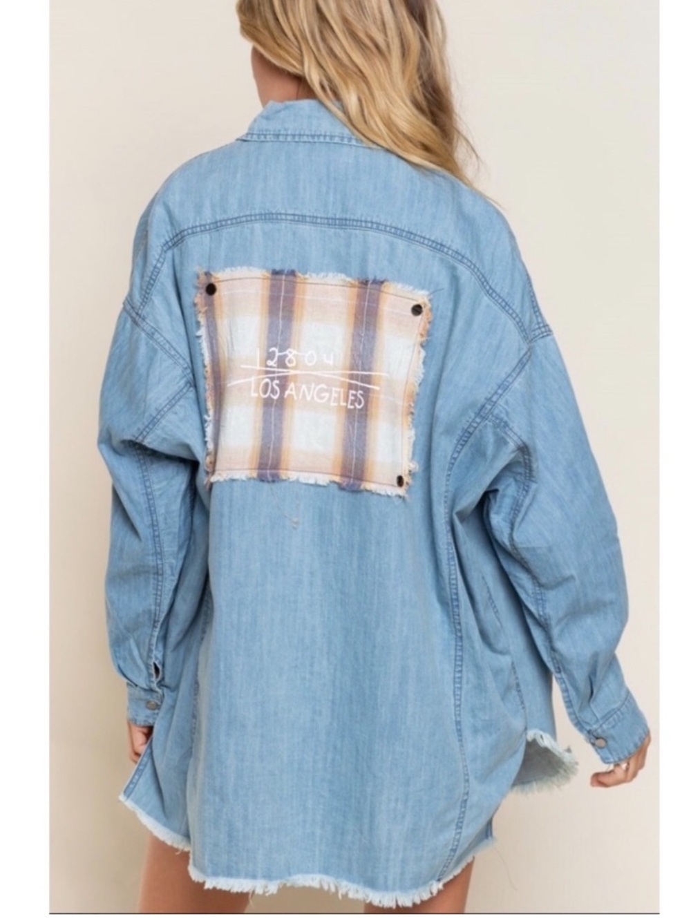 POL Blue Denim Button-Down Shirt/Shacket with Back Plaid Patch SZ S - Picture 14 of 14